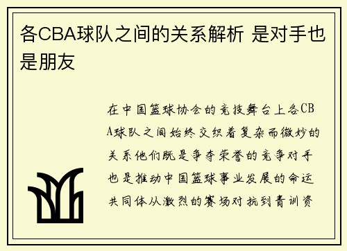 各CBA球队之间的关系解析 是对手也是朋友